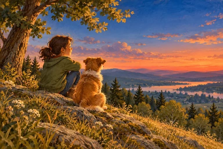 Blue sky fading into a warm reddish horizon above hills.