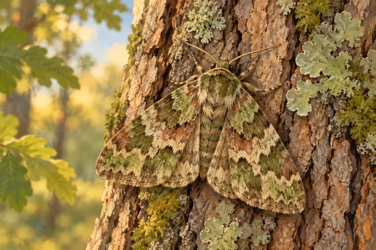 A patterned moth blending into tree bark.