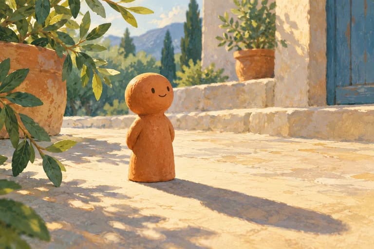 A toy figure casting a long shadow on a pale surface.