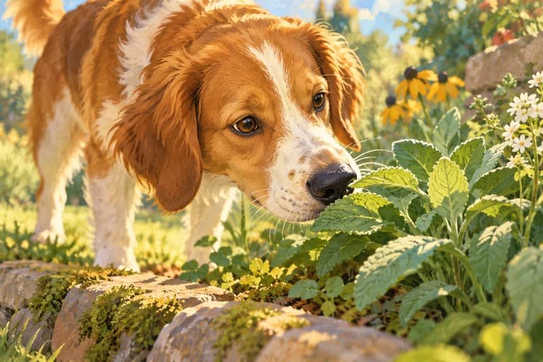 A dog sniffing a leafy garden edge.