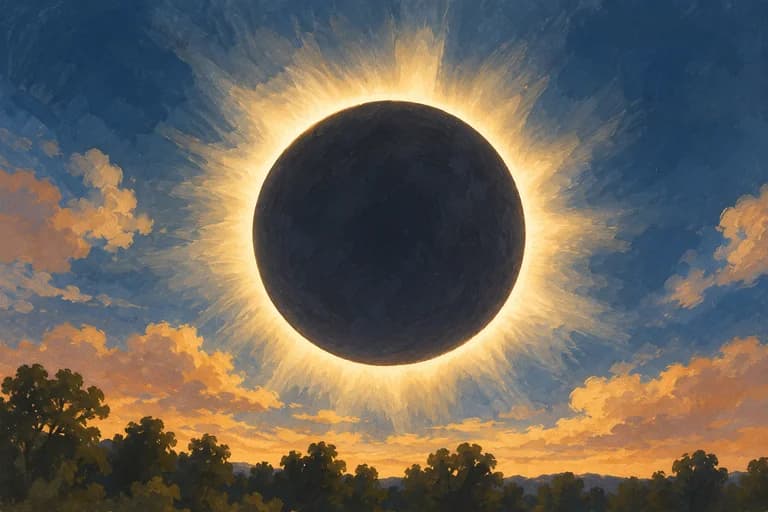 The dark Moon covering the Sun, surrounded by a glowing corona.