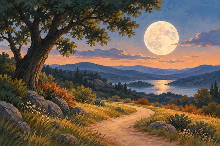 The Moon beyond a nearby tree and distant hills.