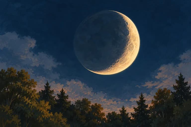A crescent Moon above dark treetops.