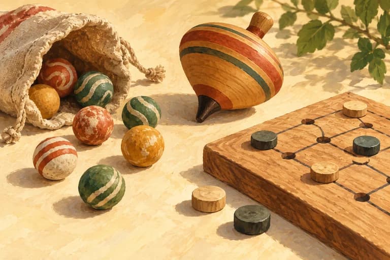 Marbles, a wooden top, and a simple game board.