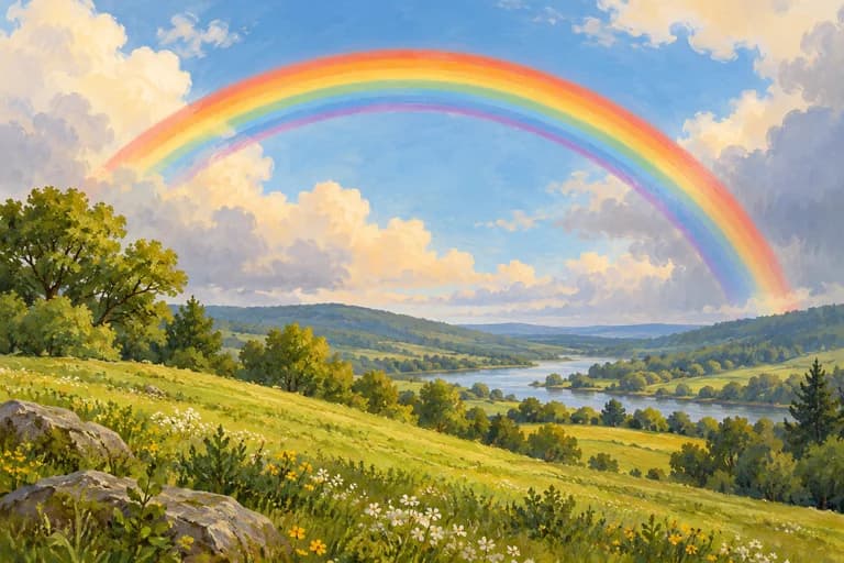 A rainbow arching above a green hill.