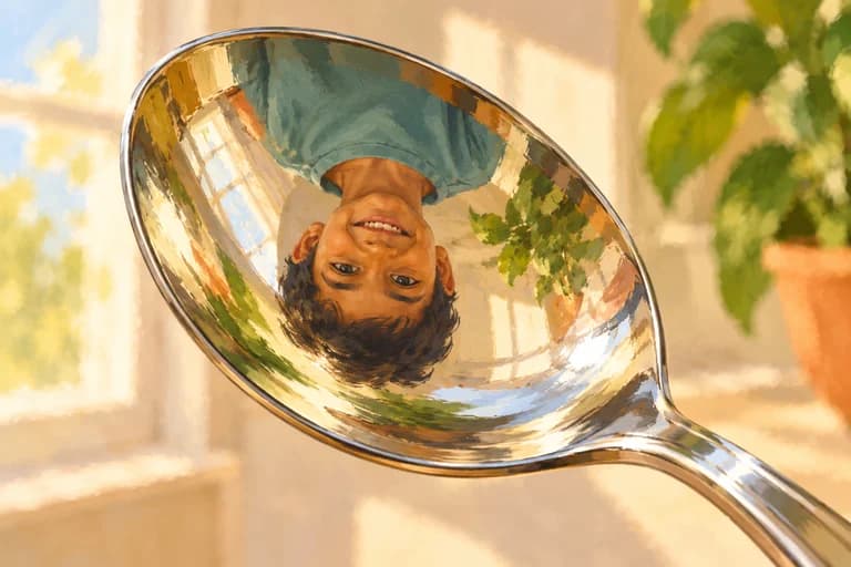 A child's upside-down face reflected inside a silver spoon.