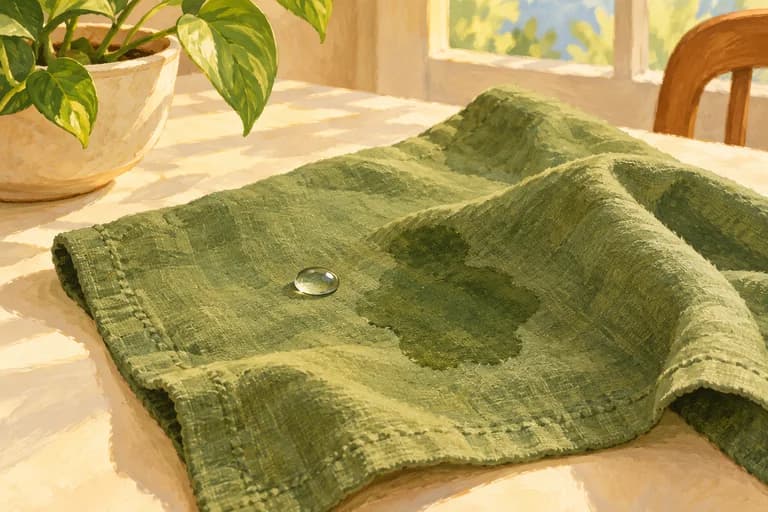 A darker damp patch on green cloth.